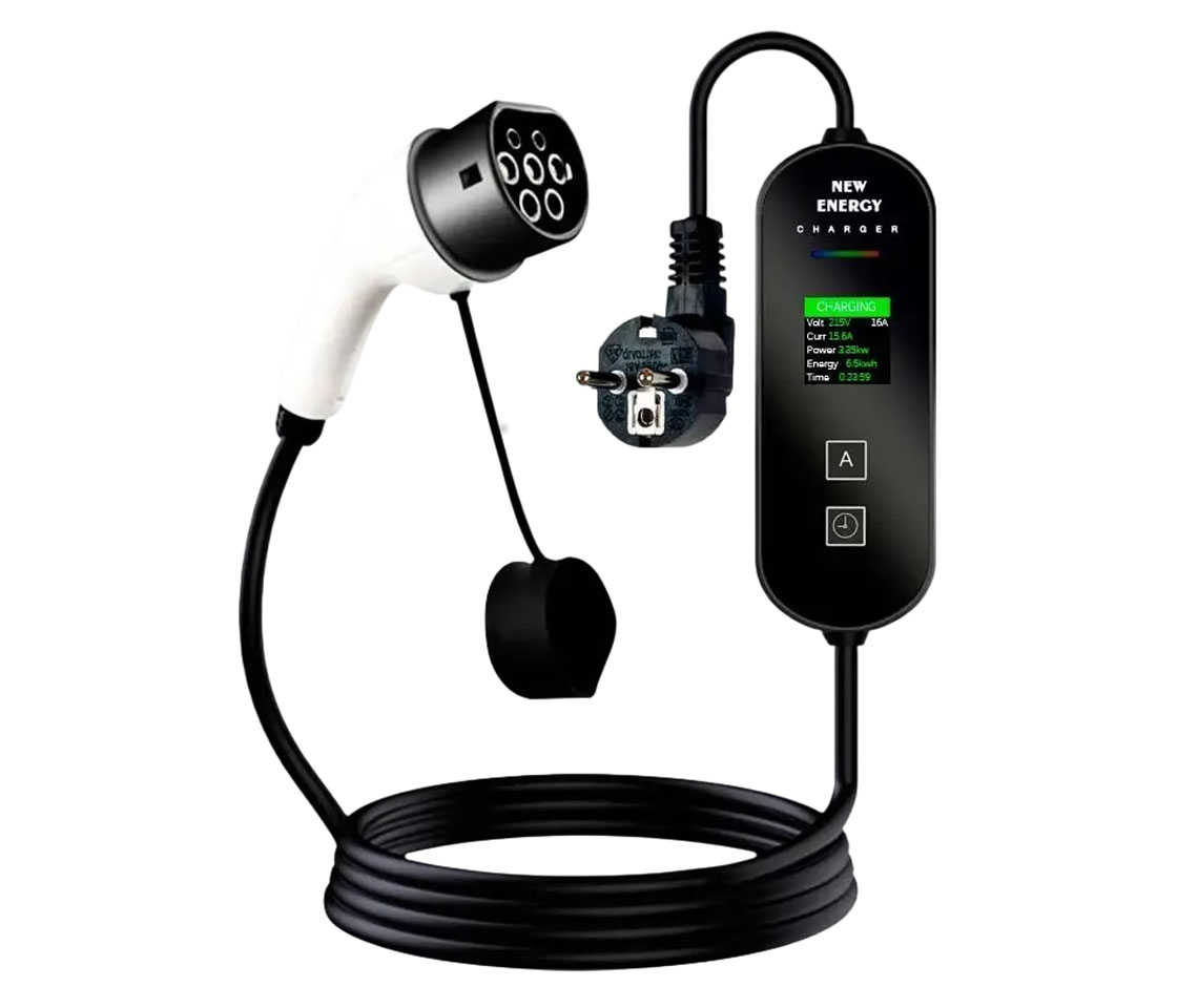 CARREGADOR PARA CARROS ELÉTRICOS 16A / 3.5KW / FICHA SCHUKO / LCD CABO 5M TIPO 2