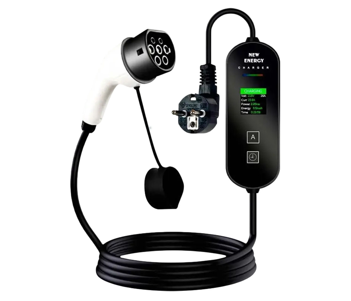 CARREGADOR PARA CARROS ELÉTRICOS 16A / 3.5KW / FICHA SCHUKO / LCD CABO 10M TIPO 2