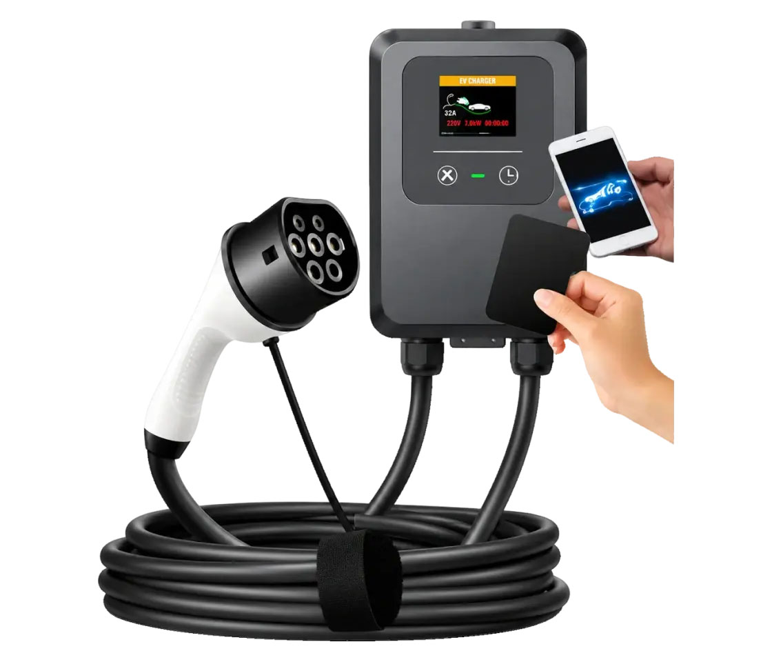 CARREGADOR CARRO ELÉTRICO / ESTAÇÃO CARGA 32A / 7KW / 10M / LCD / TIPO 2 / SEM FICHA COMPATÍVEL NFC E CARTÕES MAGNÉTICOS