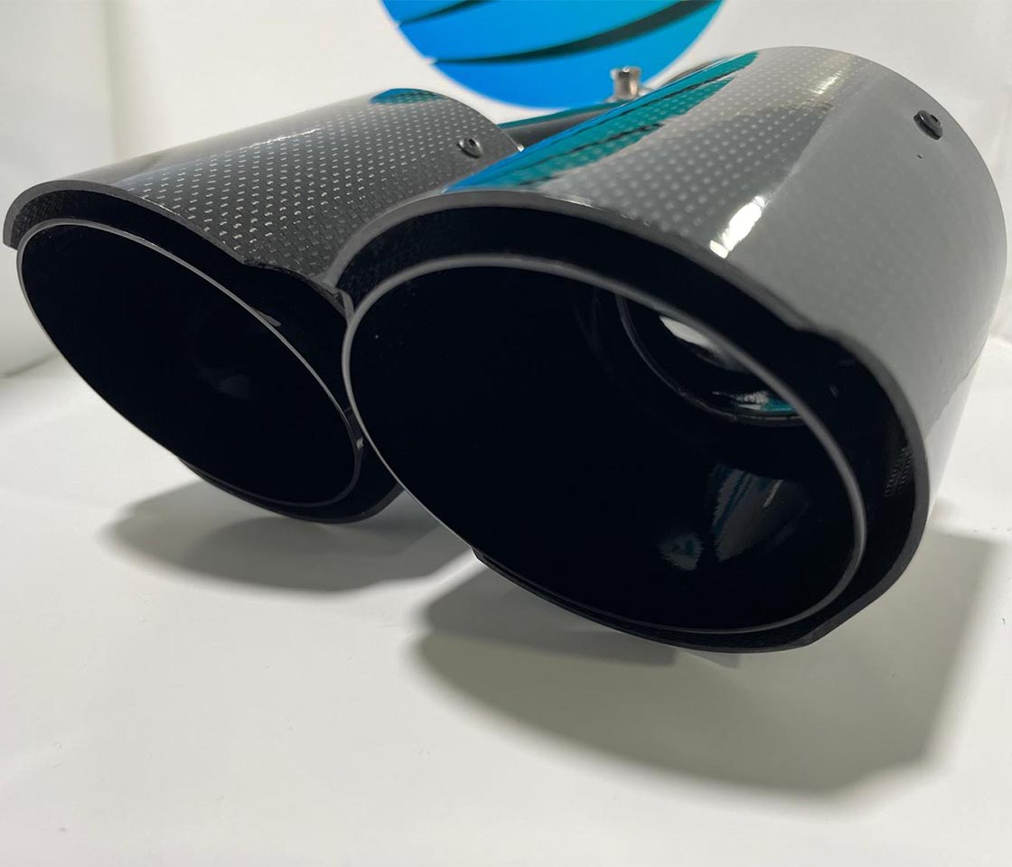 PONTEIRA ESCAPE CARBONO REDONDA DUPLA OBLIQUA PRETA ESQUERDA 63MM IN 89MM OUT