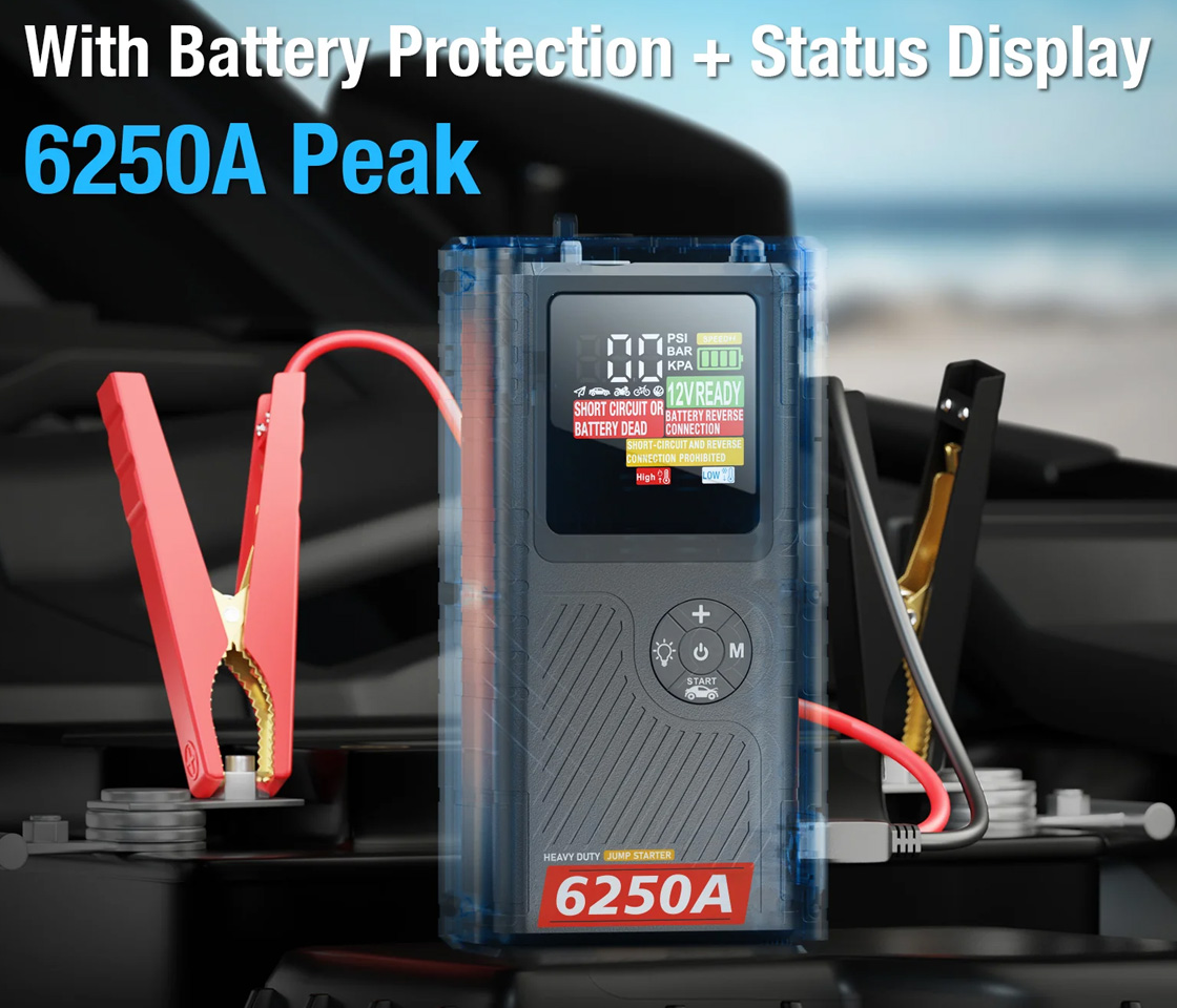 BOOSTER / JUMPSTARTER de ARRANQUE 2700A 12V JFEGWO CS02-PLUS 6250 COM COMPRESSOR DE AR